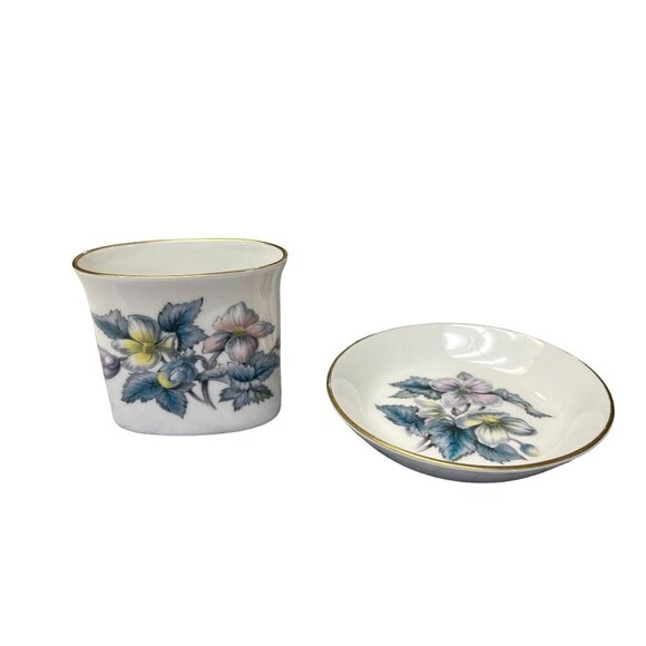 Royal Worcester Other - Royal Worcester Bone China Floral Toothpick Holder Vase & Trinket Dish Gold Trim